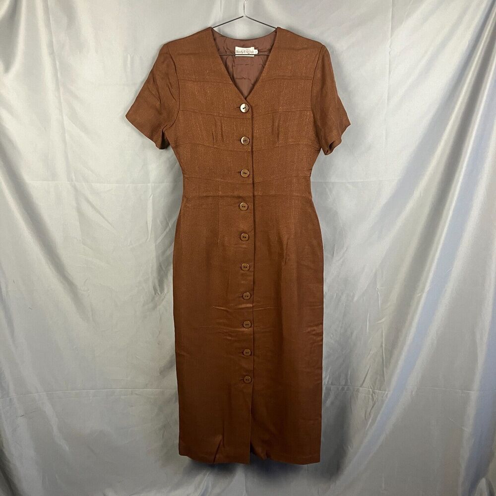 Body English Midi Dress 6 Vintage Brown 90s Button Sheath Retro Mod Office
